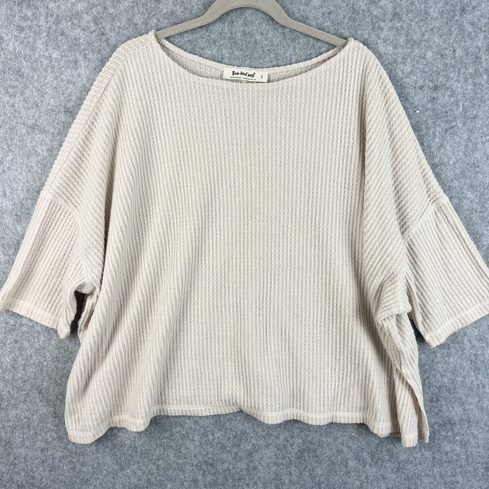 Three Bird Nest Top Womens Large Beige Waffle Knit Oversized Relaxed Slouchy